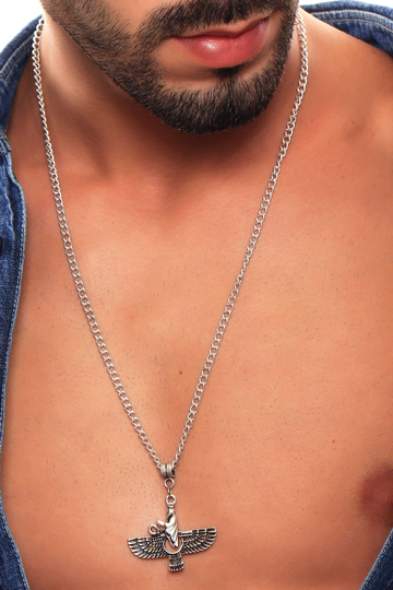 Antique Silver Faravahar Necklace, Oxidized Men's Pendant Chain Statement Symbol Best Gift Ideas