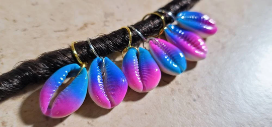 5Pcs Large Blue & Pink Printed Cowrie Shell Hair Rings, Dread Braid Loc Jewelry, Dreadlock Boho Accessories