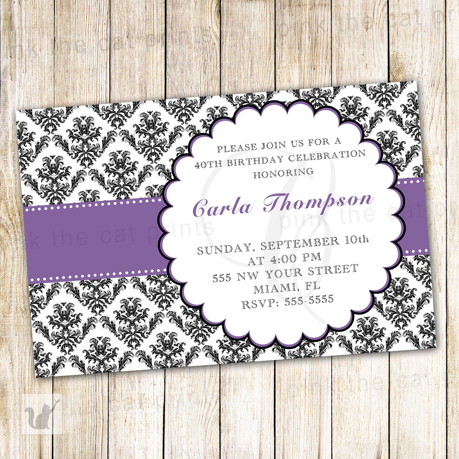 Adult Birthday Invitation, Floral Purple Black Printable Damask Invitation Template
