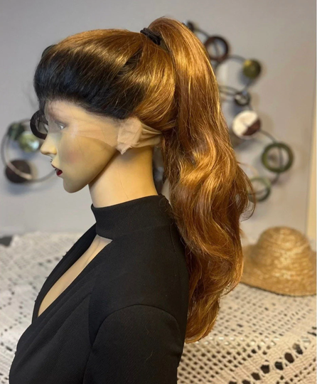 Long Wavy Ombre To Ginger Brown, 360 Lace 13x6 Parting Human Hair Blend Daily Updos Wig