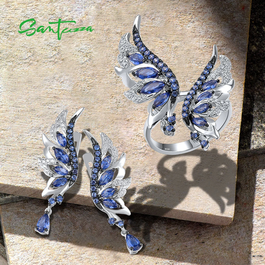 Santuzza Handmade Angel Wings Butterfly 925 Sterling Silver Black White Plating Ring/Earring With Cubic Zirconia, S313053Sbzzsk925