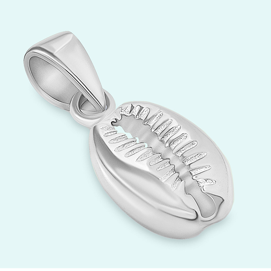 Solid 14K White Gold Mini 3-D Cowrie Seashell Charm Sea Life 3D Shell Pendant | Height 16mm X Width 6.5mm Depth 3.5mm
