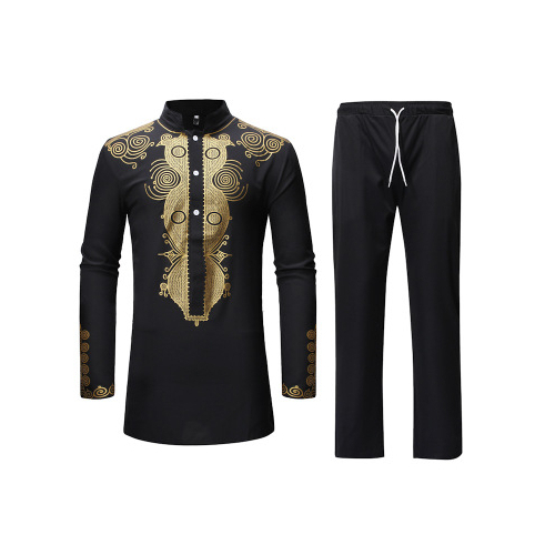 Men's Dashiki Shirt African Cotton Blended Long-Sleeved Top With Black Ethnic Print Traditional 2-piece Top Pantsuit - black, xl