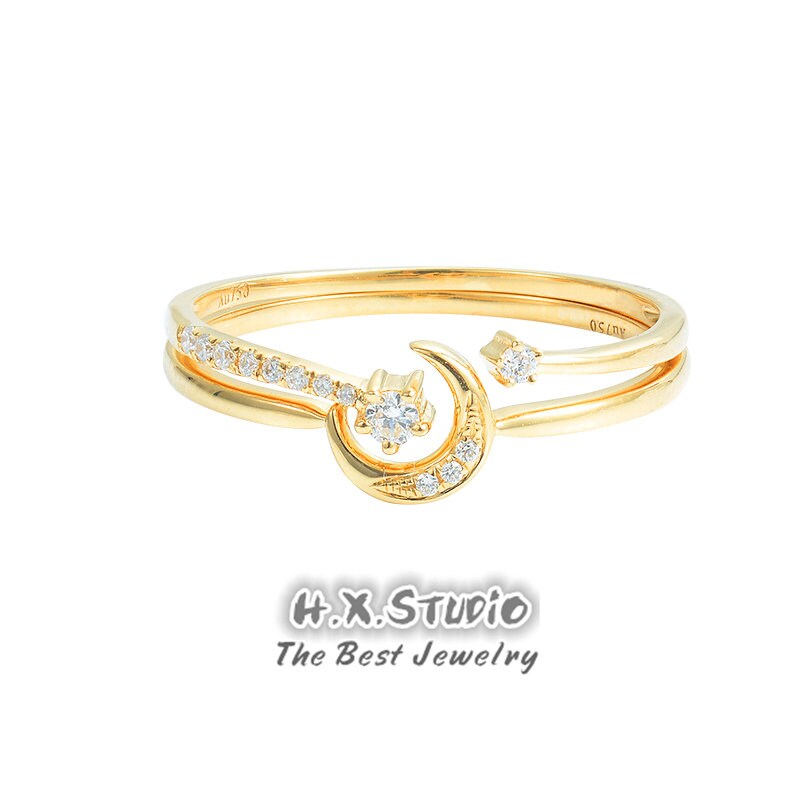 Diamond Crescent Moon & Star Rings Set in Solid 18K Gold//2 Piece Wedding Ring Set/Bridal Set/Custom Jewelry/Gift For Women Girls