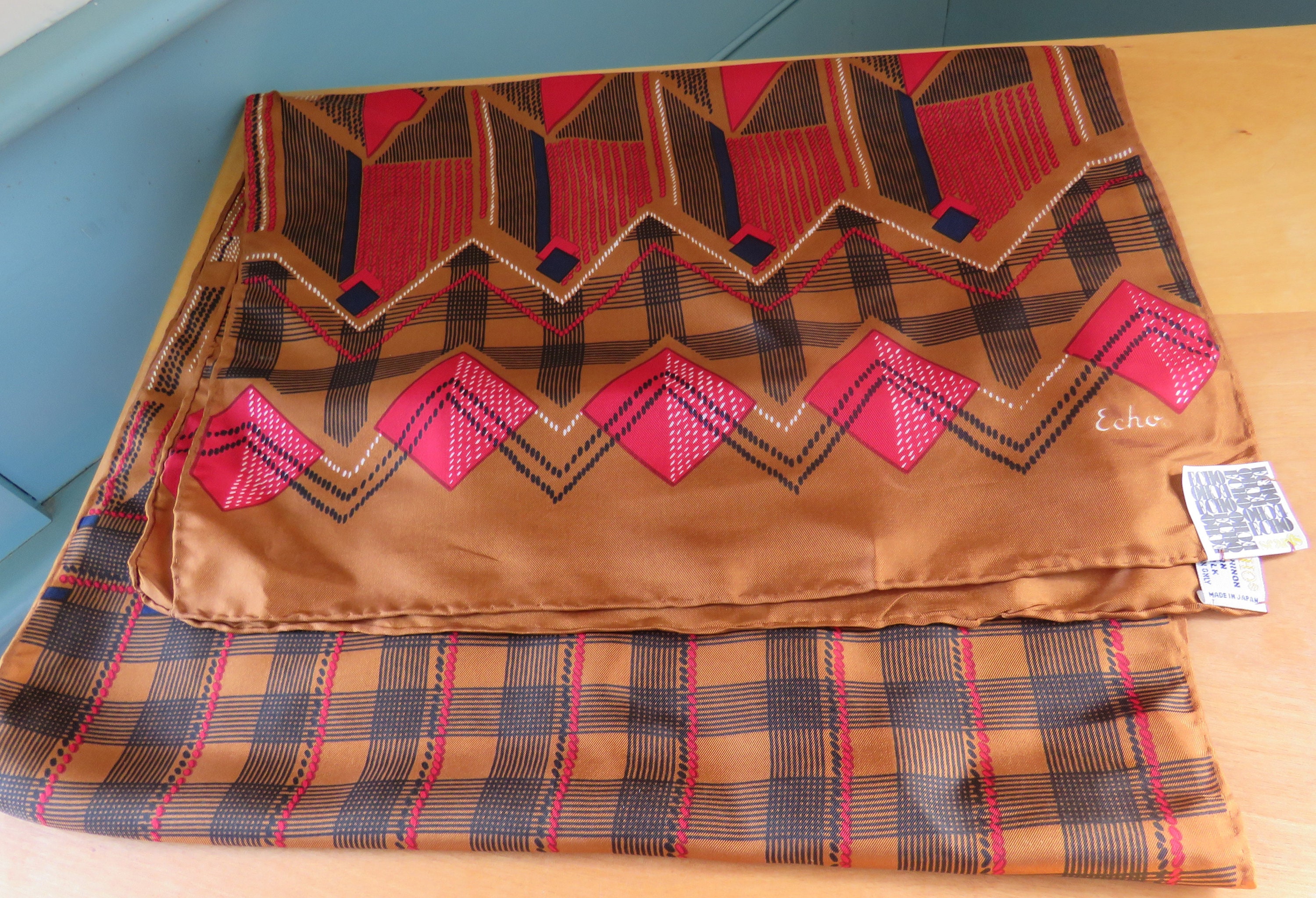 Echo Silk Chinon Blend Oblong Scarf - Warm Bronze Red Blue Black Plaid Stripes Zig Zags Geometric Design Mid Century Modern
