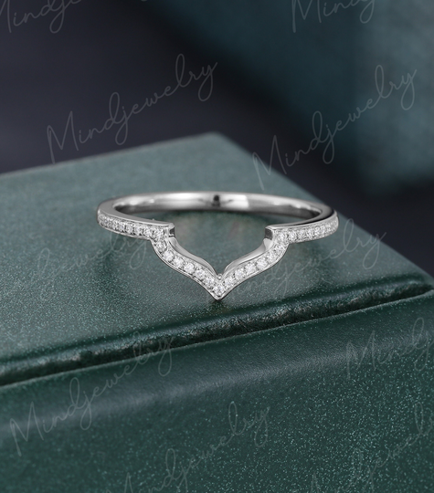 Curved Wedding Band White Gold Unique Diamond Vintage Matching Solid 14K Bridal Stacking Moissanite Promise Gift For Her