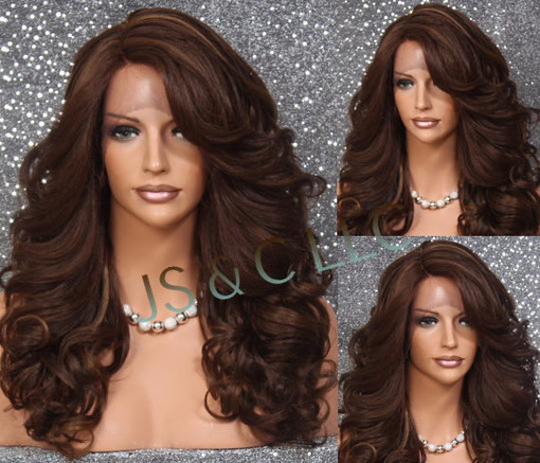 Brown Auburn Mixed Human Hair Blend Lace Front Wig Full Long Curly With Bangs Heat Safe Cancer Alopecia Theater