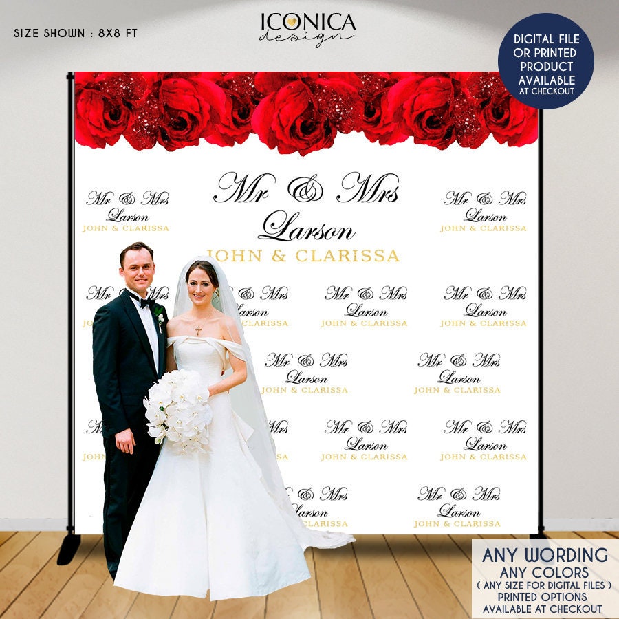 Wedding Backdrop, Red Roses, Elegant Black & Gold Banner, Floral Decor, Photo Backdrop, Printed Or Printable File Bbs0050