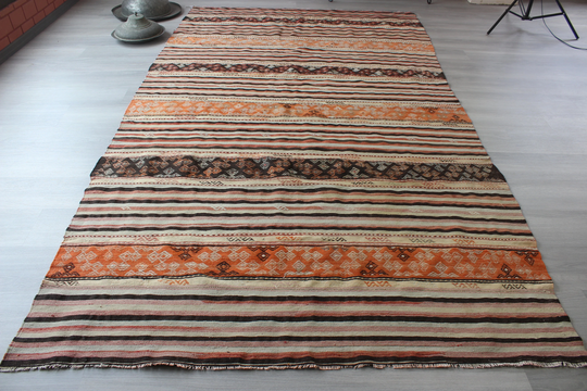 Vintage Kilim Rug, Ethnic Striped Kilim, Boho Large Area/N-1002 5'6"x9'8"