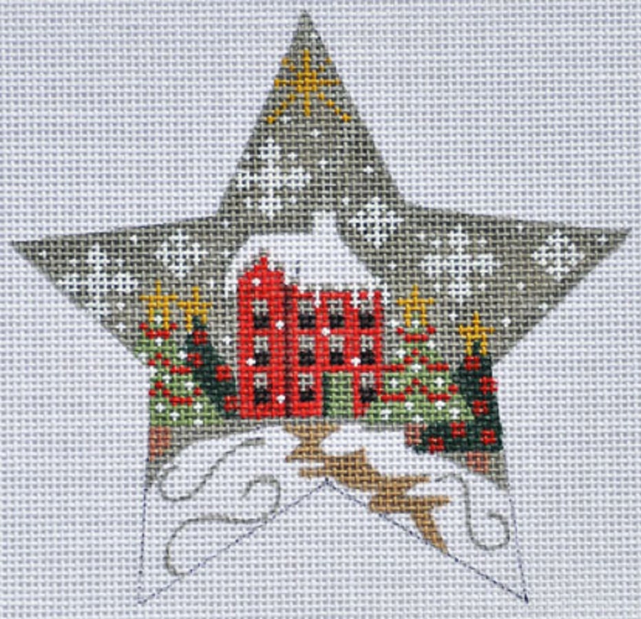 Needlepoint Handpainted Christmas Danji Red House Star 5x5 -Free Us Shipping