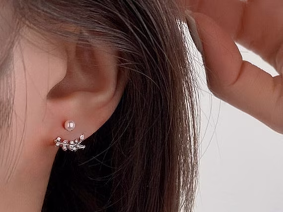 Pearl & Cz Crystal Leaf 999 Fine Silver Stud Earrings, Wedding Bridesmaid Earrings(E0106