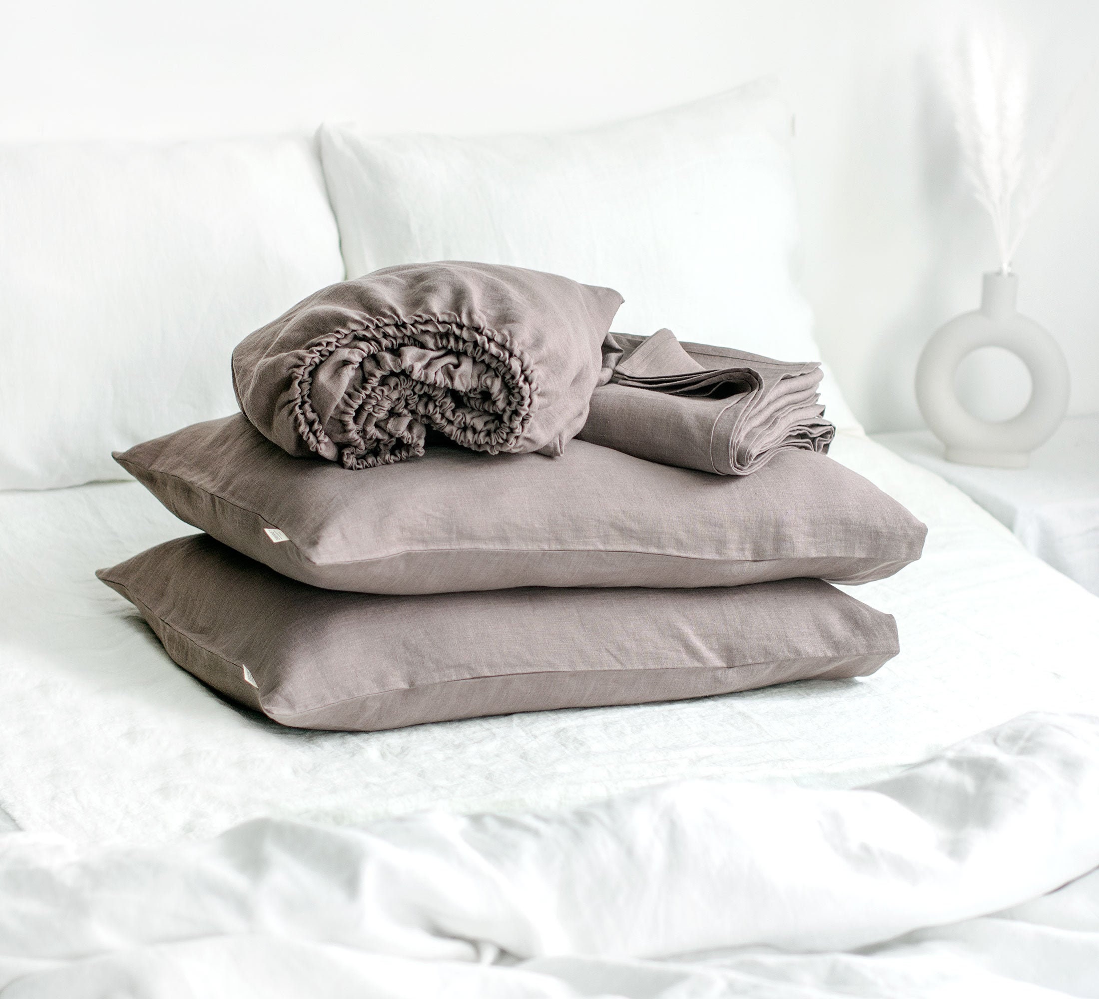 Linen Sheet Set in Taupe Brown. Fitted Sheet, Flat & 2 Pillowcases King, Queen, Twin, Full, Double Size. Brown Grey Bedding
