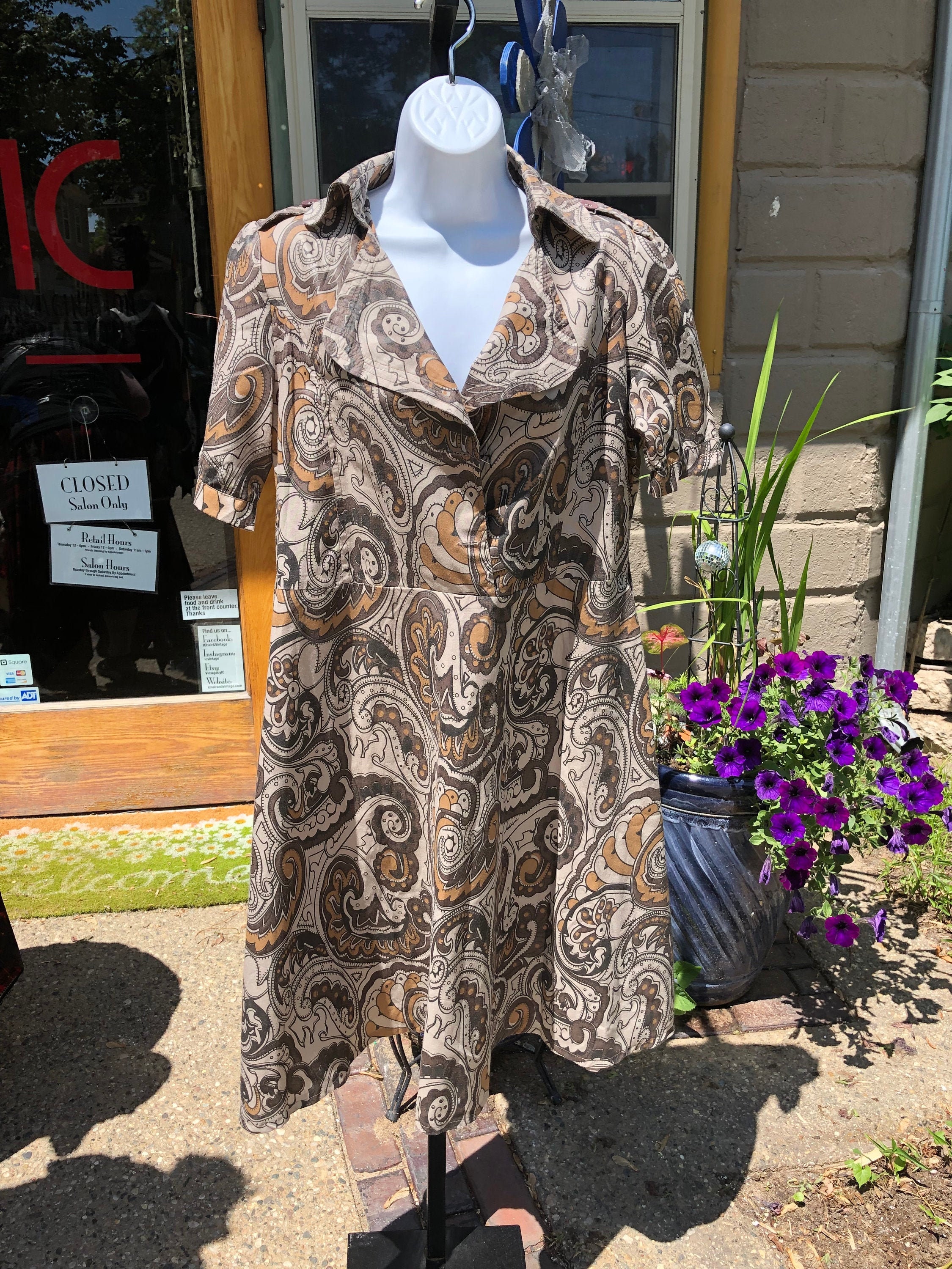 Vintage Tan Cotton Blend Dress With Paisley Pattern