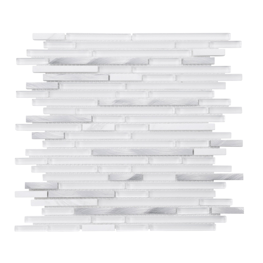 Modket Pure White Glass Metallic Aluminum Linear Interlocking Modern Mosaic Tile Backsplash Kitchen Bathroom Shower Interior Wall Tdh40Mdr