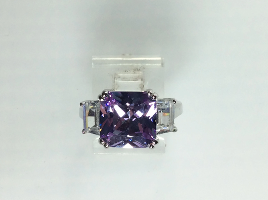 Vintage Ring Size 8.5 Sterling Silver 925 With Rectangle Lavender & Clear Czs Used