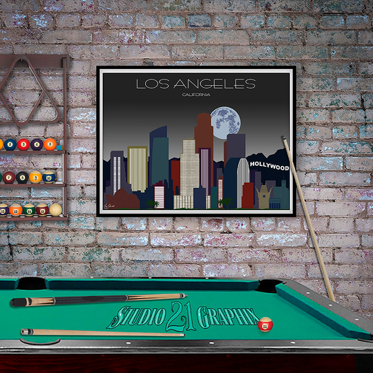 Los Angeles in Moon Light, California City Skyline Print, Poster, Wall Art, Travel Decor, Watercolor, Of Angels Gift
