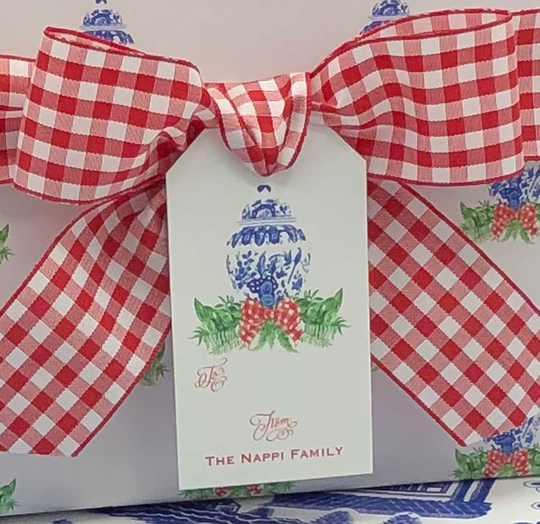 Blue & White Ginger Jar Swag With Red Bow Gift Tag | Monogram Enclosure Card Custom Chinoiserie Style