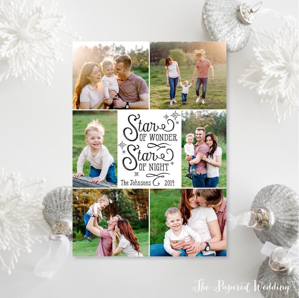 Printable Or Printed Photo Collage Christmas Cards - Black & White Star Of Wonder Night With Six Pictures 050 P4