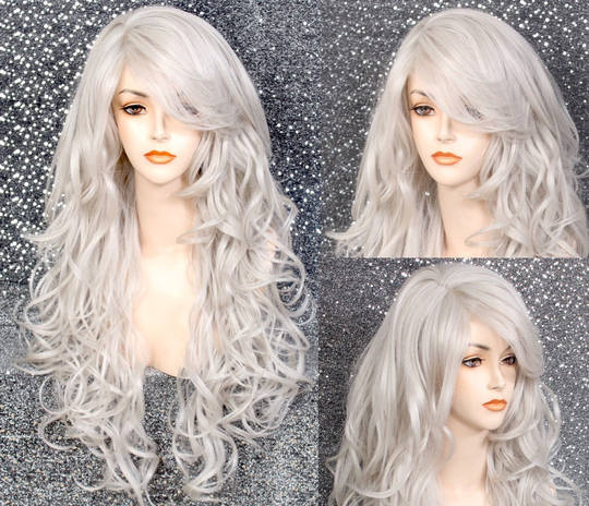 Grey Long Human Hair Blend Wig Heat Safe Full Bangs Curly Layered Everyday Style Cancer Aloepcia Theater Cosplay