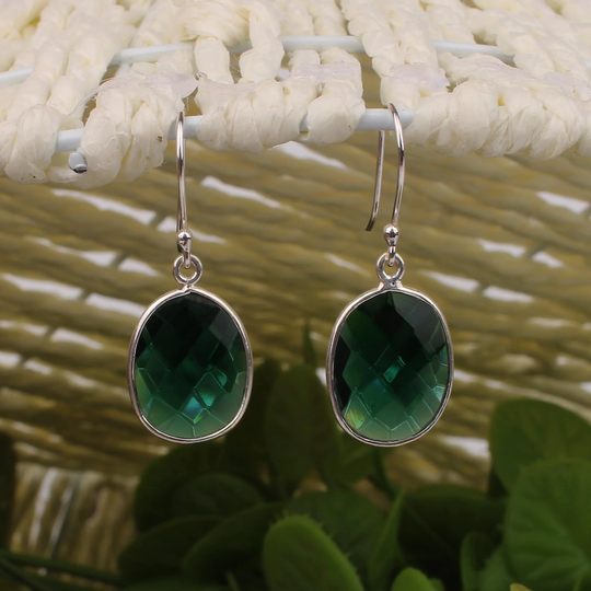 925 Petroleum Tourmaline Earrings, Silver Oval Drop Green Stone Jewelry, Jewelry