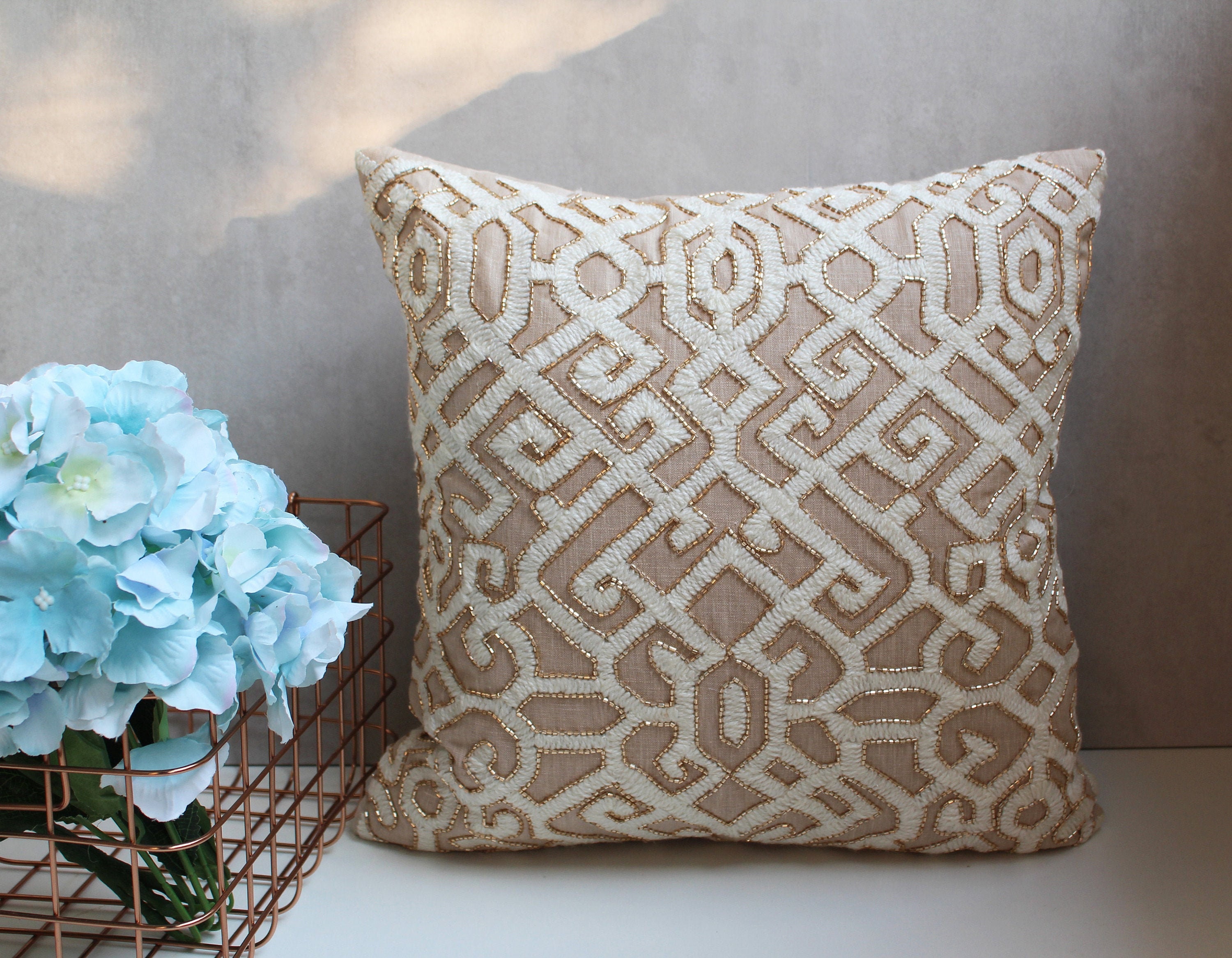 Light Beige Cotton Linen Blend Pillow Wool Zari Embroidery Luxury Contemporary Throw Modern Hand Embellished Custom 172