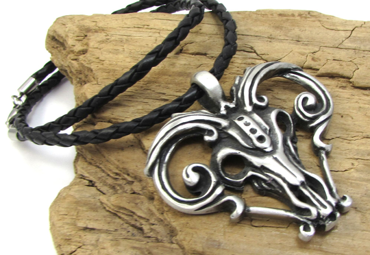 Ram Skull Necklace, 48.5x48mm Pendant, 3mm Custom Length & Color Braided Leather Jewelry, Item 1879N