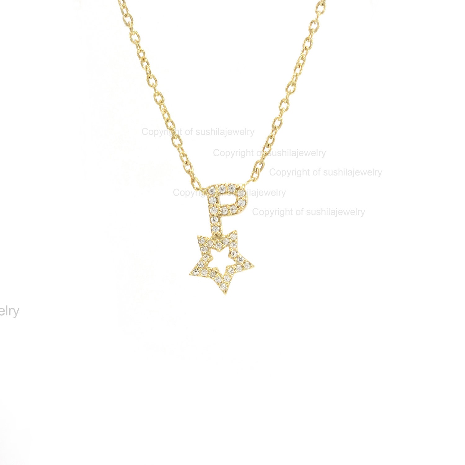 Initial P Letter Star Charm Pendant Solid 14K Yellow Gold Real Pave Diamond Religious Handmade Delicate Jewelry Christmas Gifts"