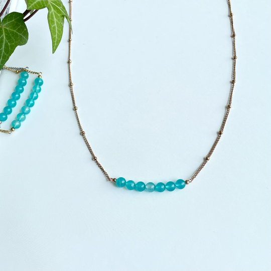Amazonite Bead Necklace, Heal Crystal Adjustable Gold Necklace, Gemstones For Anxiety, Prosperity, Luck, & Intuition