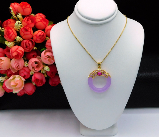 Lilac Jade Necklace, Circle Pendant, Jewelry Gift, Lavender Pendant Wealth Gold Filled