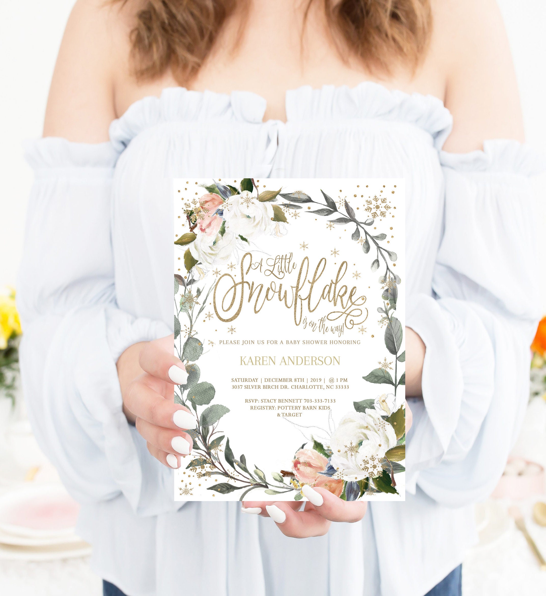 Snowflake Baby Shower Invitation, Holiday Shower, Christmas Invitation #9