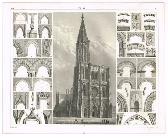 Original Antique Steel Plate Engraving Print 1851 J.g. Heck Henry Winkles Architecture Various Styles Middle Ages Strasburg