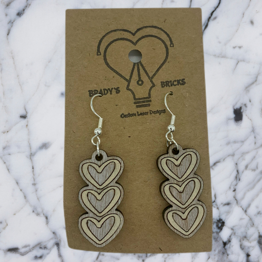 Triple Heart Earring, Rustic Wood Earrings, Sweetheart Earrings, Heart Wood Earrings, Romantic Earrings, Dangle Earrings, Lightweight Earrings