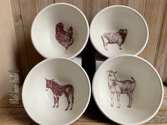 One Farm Animal Bowl, Cereal Vegetable, Soup, Salad Goat, Donkey, Sheep, Chicken Stoneware Handmade, Usa