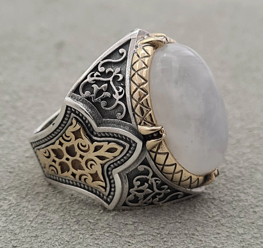 Handmade 925K Sterling Silver Unique Men Ring, Natural Moon Stone Men's Free Express Shipping