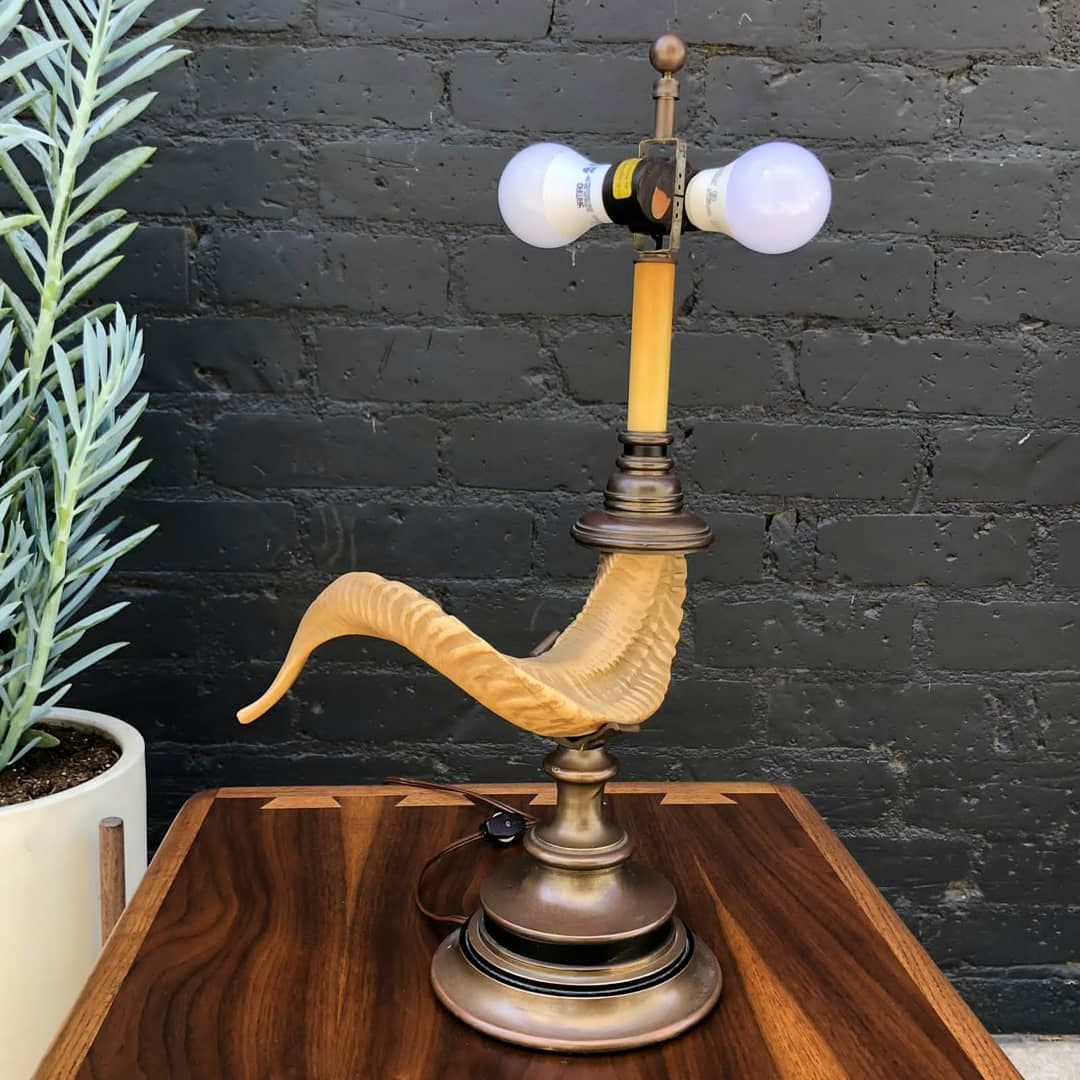 Vintage Faux Ram Horn & Brass Table Lamp By Chapman, C.1975