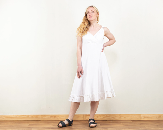 70S White Dress Women Linen Blend Sleeveless Summer Dress Ring Strap Wrap Neckline Ruffle Hem Fit & Flare Size Small