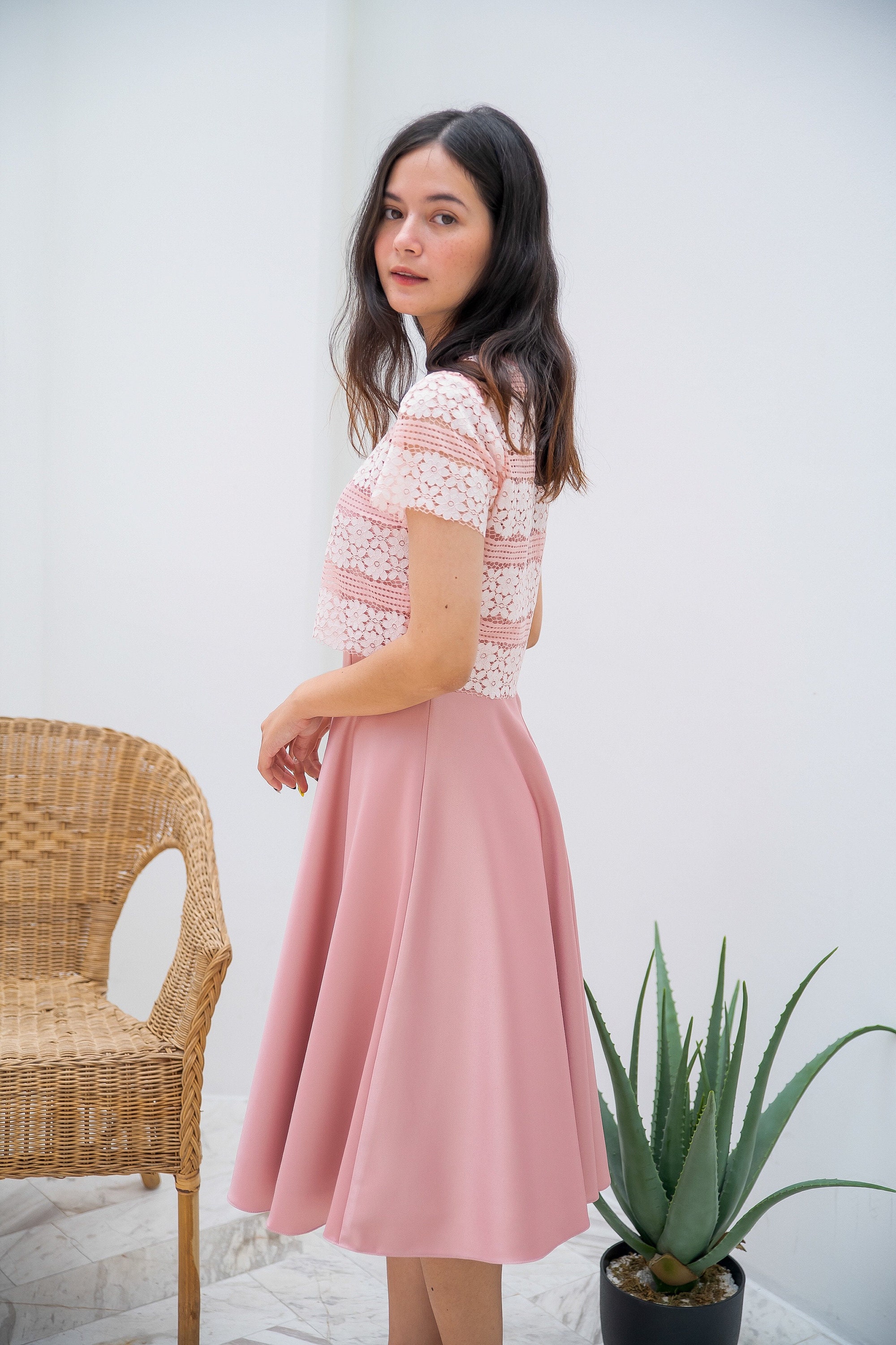 Pink Lace Crop Top & Spaghetti Straps Dress Vintage Style Party Two Pieces Long Summer Sweet Bridesmaid Rustic Wedding