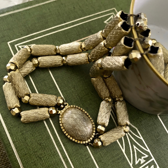 Vintage Brushed Gold Tone Bead Necklace Chain Strung Elegant Textured Elongated 1940 50S Statement