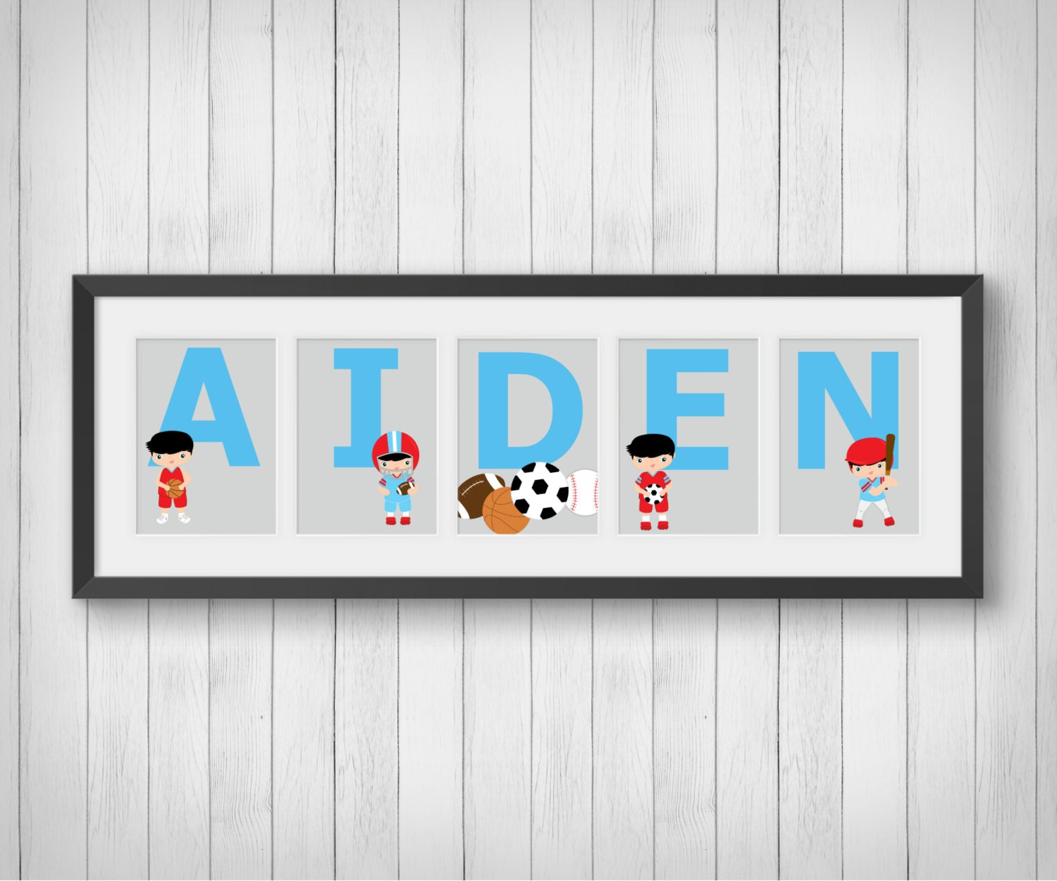 Sports Decor - Personalized Name Print Boys Room Kids Birthday Gift Art Nursery Individual 4x6, 5x7, 8x10