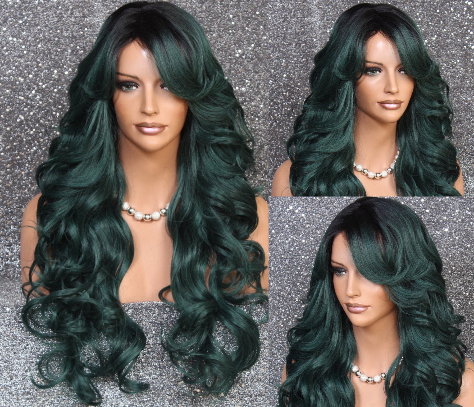 striking Human Hair Blend Heat Ok Emerald Green Goddess Full Wig Big Loose Beachy Waves Full Bangs Cancer/Alopecia/Cosplay