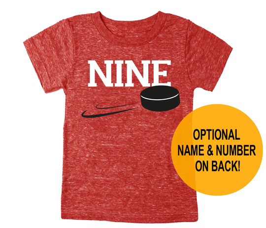 Ninth 9Th Birthday "Nine' Hockey Puck Tri Blend Youth 9 T-Shirt - Boy & Girl Tee Twins Triplets Gift