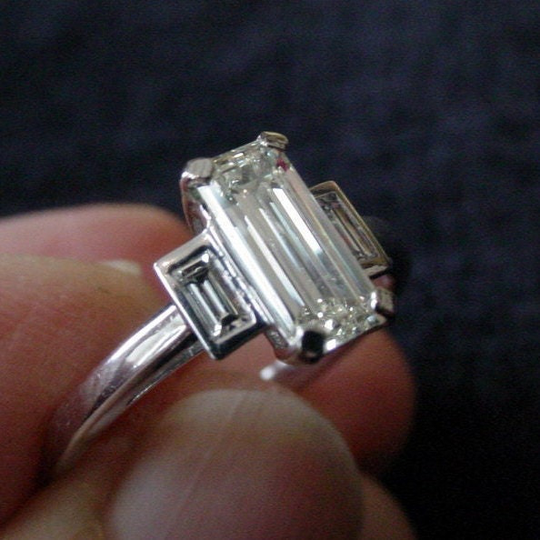 Vintage Art Deco Emerald Baguette Cut Diamond Ring in Platinum Setting