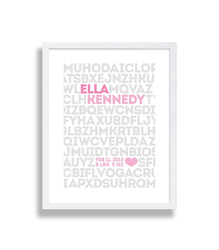 Baby Name Nursery Art Pink Decor Girl Print New Born Gift Grey & Typography Stats