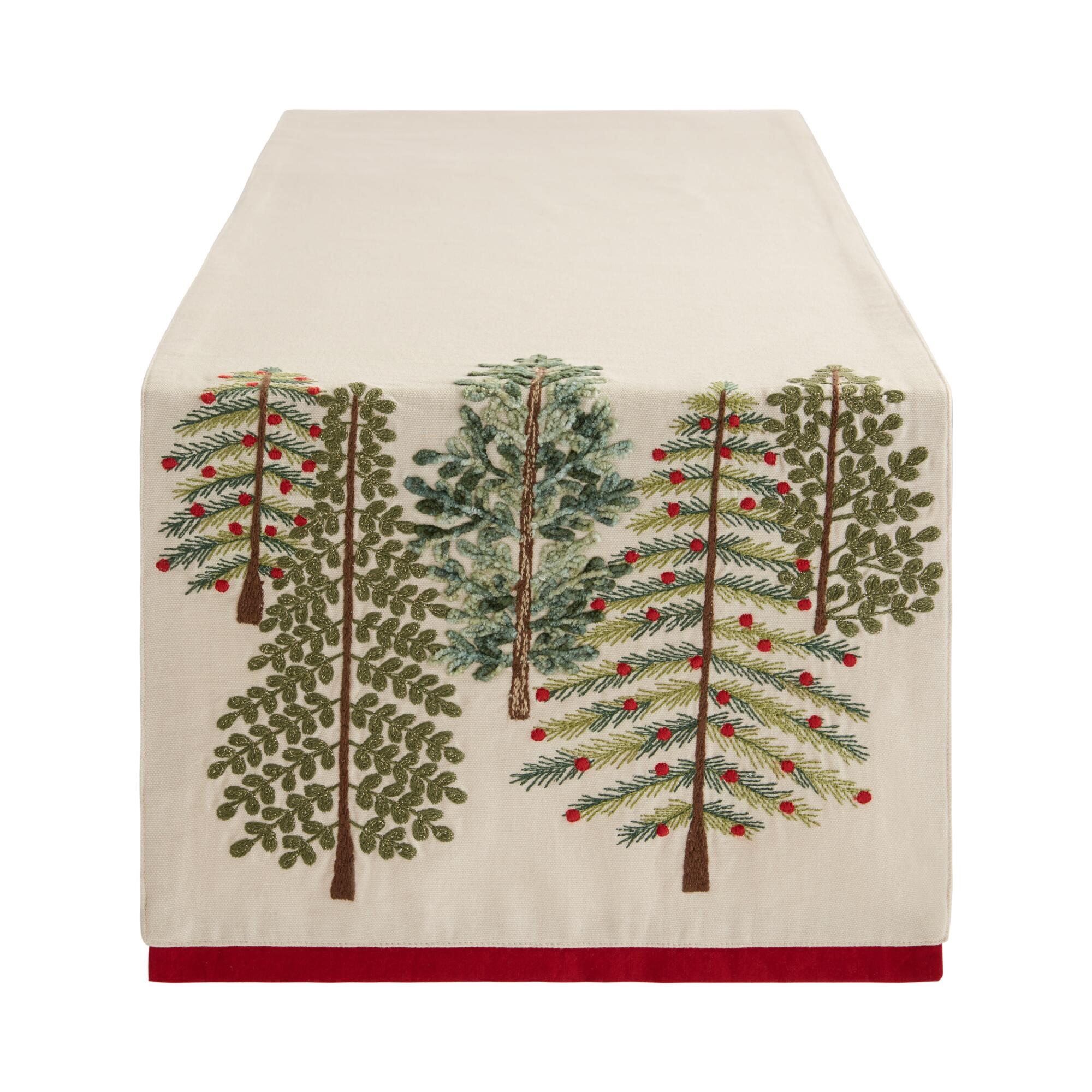 Pier Place Evergreen Trees Embroidered Table Runner: Green/White - Cotton by World Market