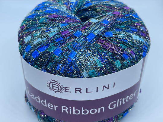 Berlini Ladder Ribbon Glitter Yarn #129 Peacock - Blue Teal Purple Seafood With Gold Metallic Accent 50Gr 142Yds