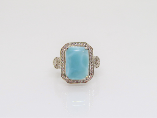 Vintage Sterling Silver Natural Larimar & White Topaz Ring Size 7
