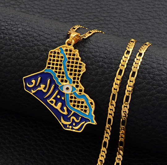 18K Gold-Plated Iraq Map Pendant Necklaces/Muslim Iraqi Jewelry Blue Eye Map Gold Color Necklace Charmed Jewelry Gift