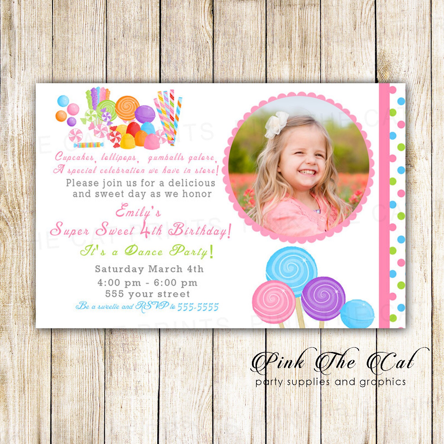Candy Birthday Invitation, Candy Theme Party, Photo Invitations, Girl 1st Party Sweet Lollipop Invitations With Picture