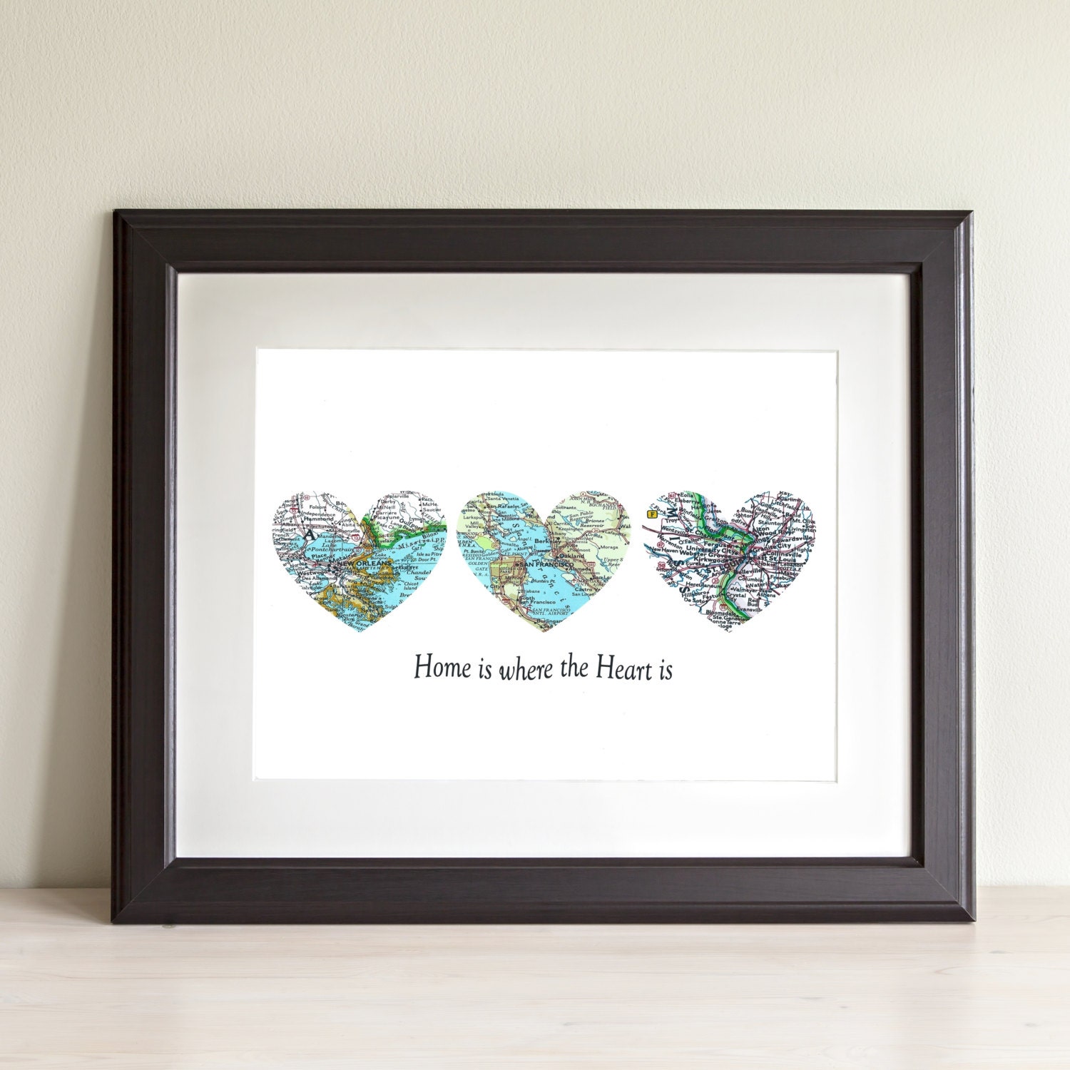 Home Is Where The Heart Three Map Art Print. Print Only. No Frame. You Select Cities Worldwide & Personalized Text. Decor