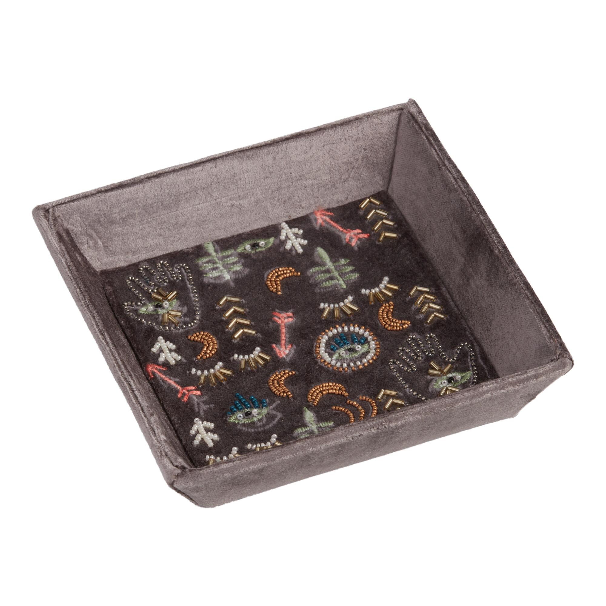 Gray Velvet Celestial Beaded Trinket Tray by World Market